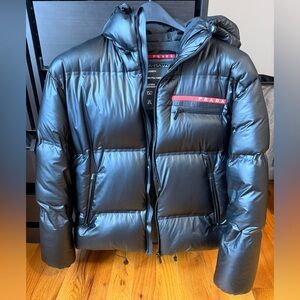 Prada Men's Black Puffer Jacket with Red Accents